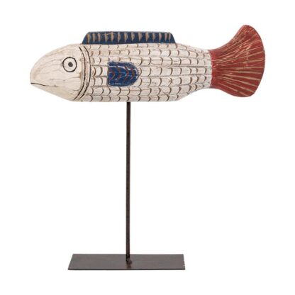 Distressed Hand Painted White Wooden African Fish with Stand